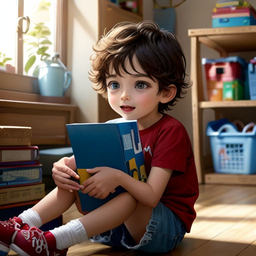 a young boy sitting on the floor holding a book and smiling at the camera while holding a book in his hands