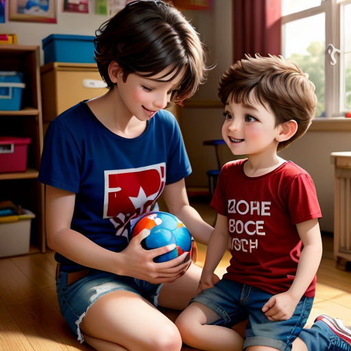 two children sitting on the floor playing with a ball together, one boy is smiling and the other is holding a ball