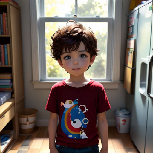 a young boy standing in front of a window in a kitchen with a bookcase and a refrigerator in the background