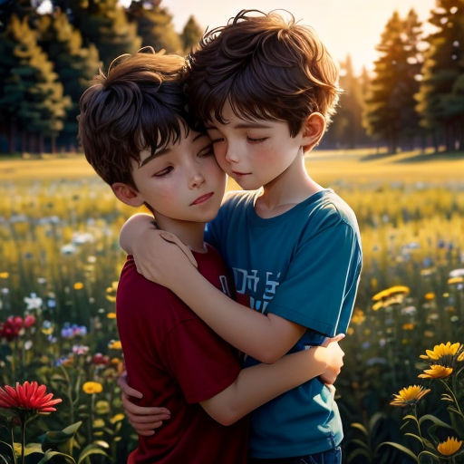 two boys hugging each other in a field of flowers at sunset with the sun shining on them and trees in the background