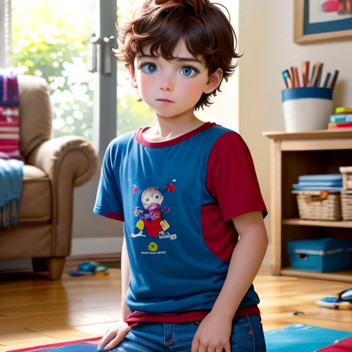 a young boy sitting on a rug in a room with a window behind him and a teddy bear on the shirt