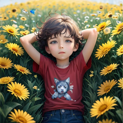 a young boy is sitting in a field of sunflowers with his head on his hands and a dog on his chest