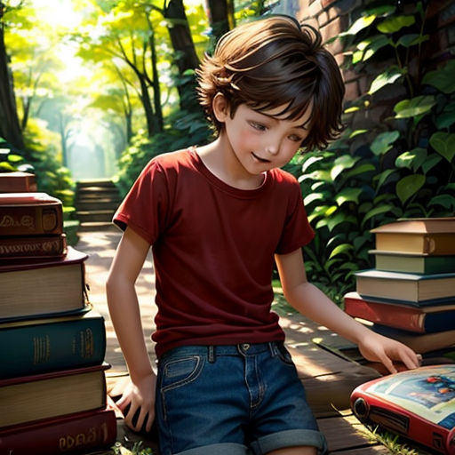 a painting of a boy sitting on a bench with books in front of him and a bookcase in the background
