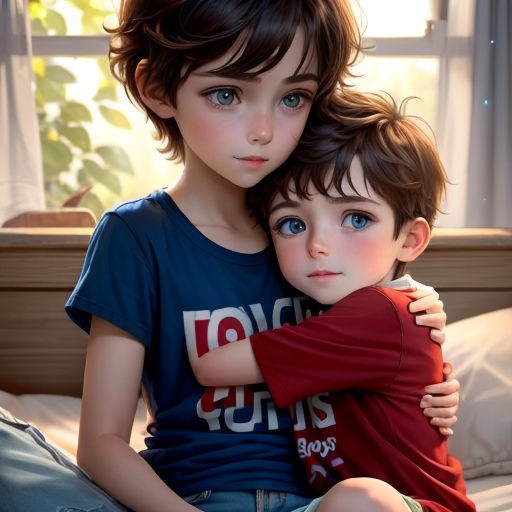 a boy and a girl hugging on a bed in a bedroom with a window behind them and a plant in the corner