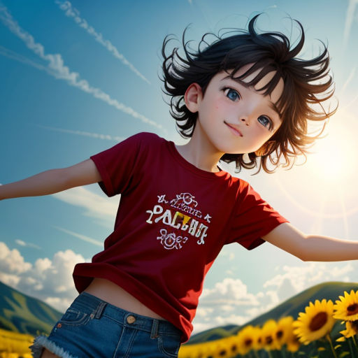 a young girl standing in a field of sunflowers with her arms outstretched in the air and her hair blowing in the wind