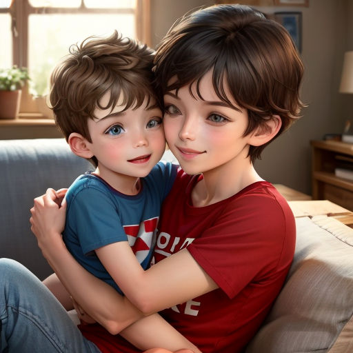 a boy and a boy hugging on a couch in a living room with a window behind them and a plant in the corner