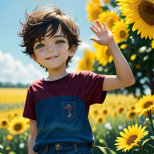a young boy standing in a field of sunflowers waving at the camera with his hand up in the air