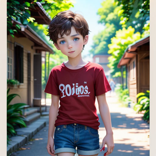 a young boy in a red shirt and blue shorts standing on a sidewalk with a skateboard in his hand