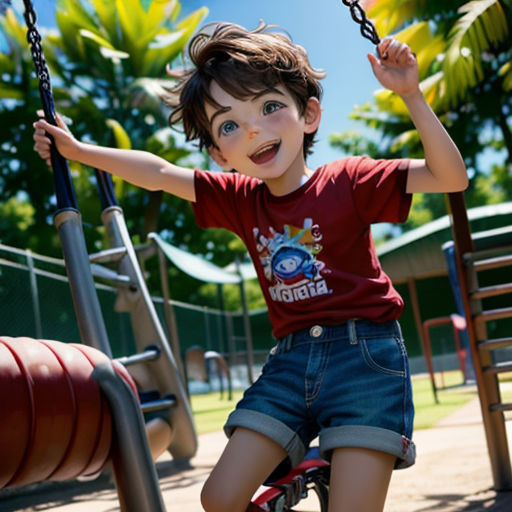 a young boy riding a bike on a playground swing set with a monkey on it's back and a monkey on his arm