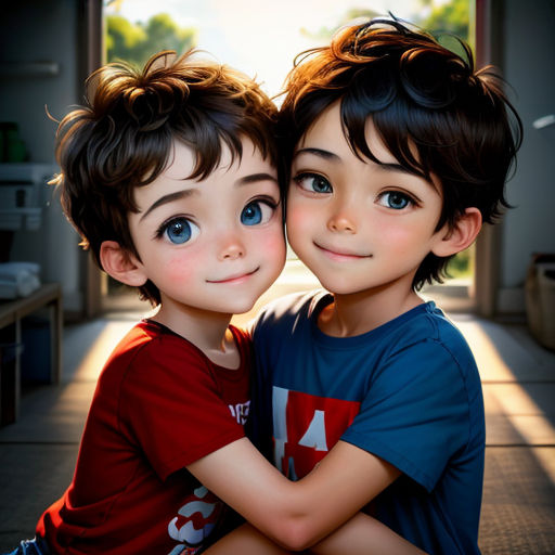 two young boys are hugging each other in front of a window with a view of the street and trees