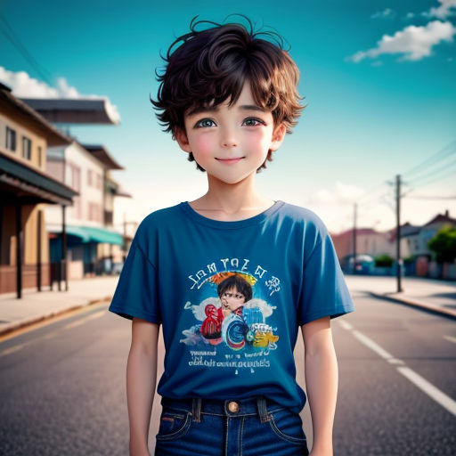 a young boy standing on the side of a road wearing a blue shirt with a picture of a boy on it