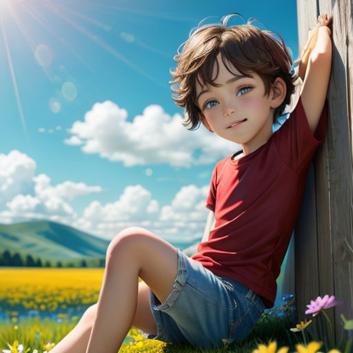 a boy sitting on the ground next to a wooden pole in a field of flowers and grass with the sun shining