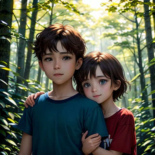 two children standing in the woods with their arms around each other, looking at the camera and smiling at the camera