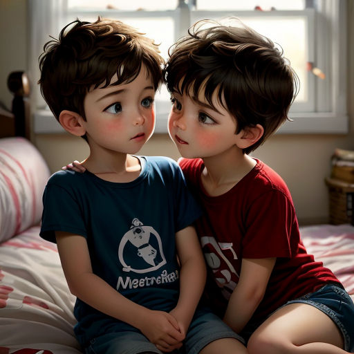 two young boys sitting on a bed with their heads touching each other's foreheads, with a window in the background