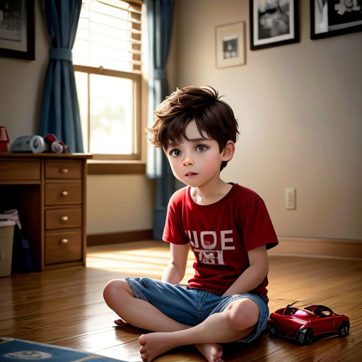 a young boy sitting on the floor in a room with a toy car on the floor and a window