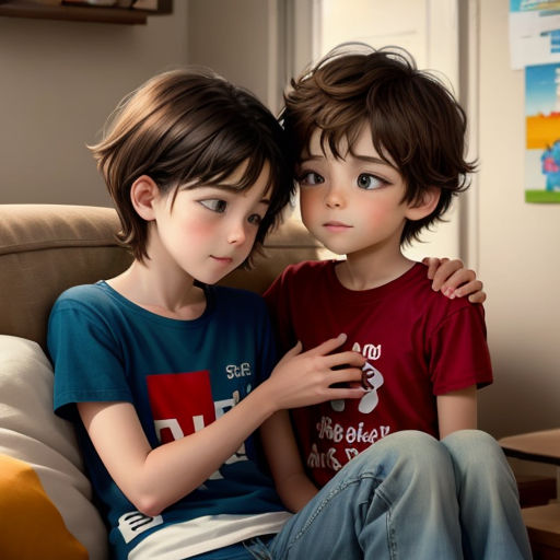 two young boys sitting on a couch next to each other, one of them is holding his arm around the other