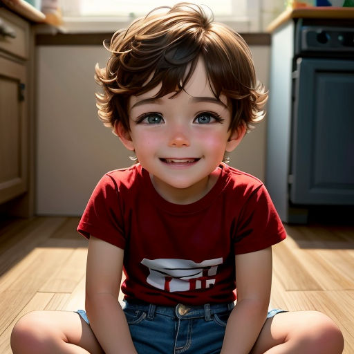 a young boy sitting on the floor in a kitchen smiling at the camera with a smile on his face