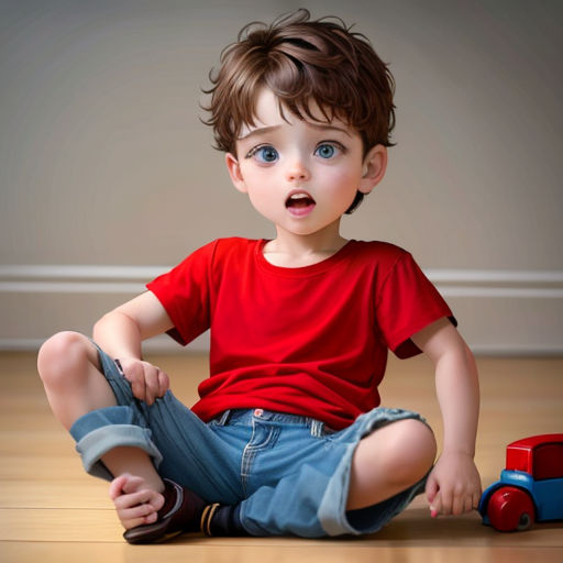 a young boy sitting on the floor with a toy truck in front of him and a wall behind him
