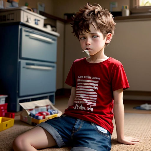 a young boy sitting on the floor eating something off of a spoon in his mouth and looking at the camera
