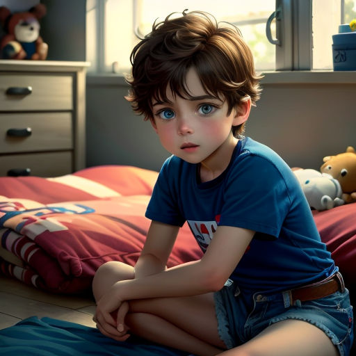 a boy sitting on a bed with a teddy bear in the background and a teddy bear on the floor