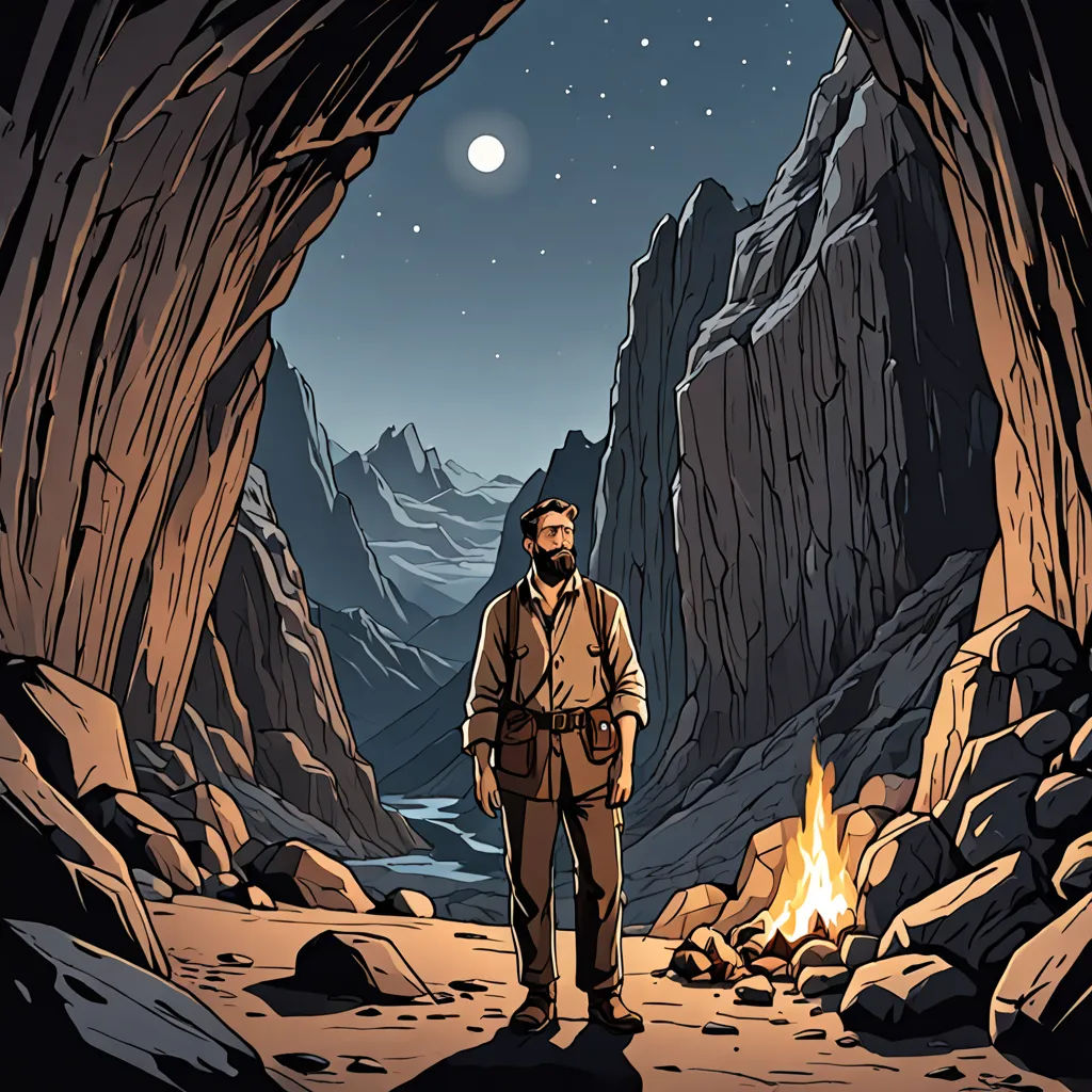 a man standing in a cave with a fire in the middle of it and mountains in the background with a full moon, primitivism, a character portrait, Asaf Hanuka, comic cover art