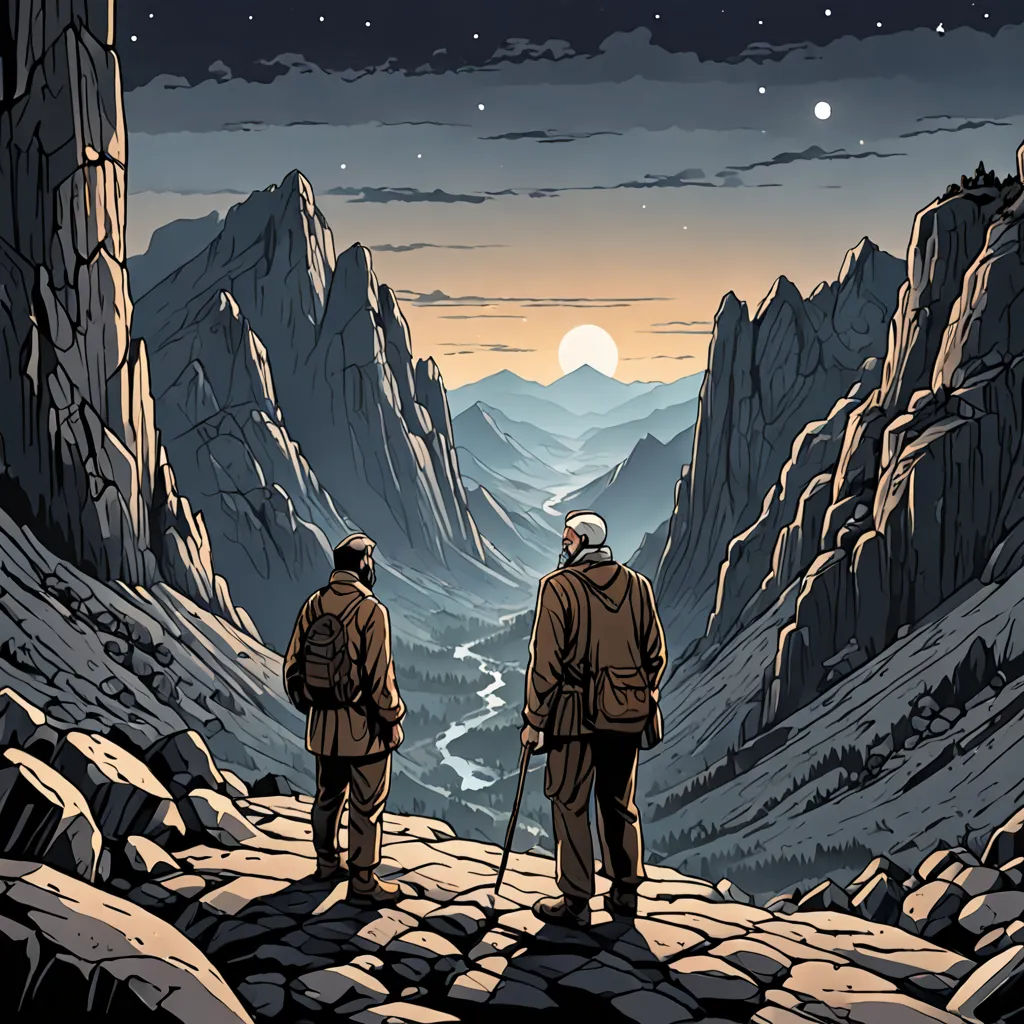 two men standing on a mountain looking at the stars and the moon in the sky above them, with a mountain valley below, neo-romanticism, poster art, Dan Mumford, comic cover art