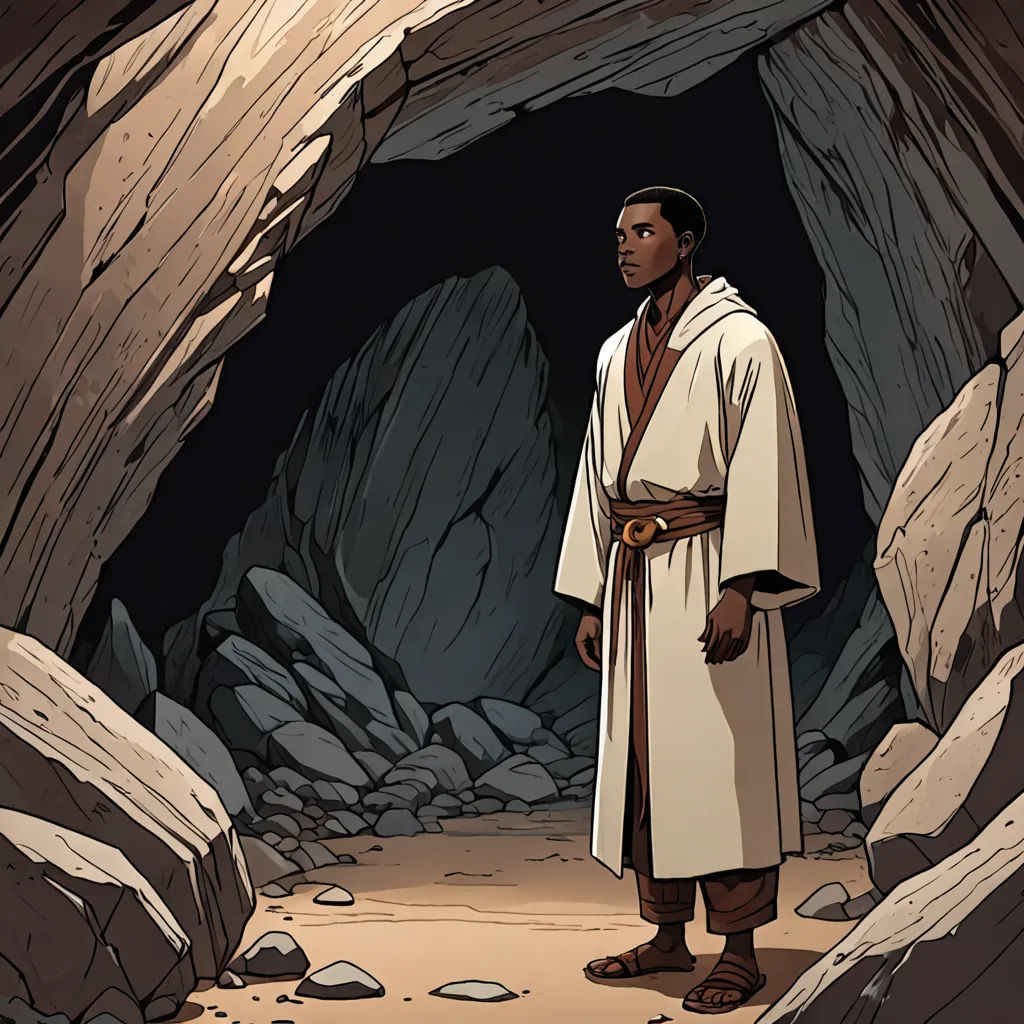 a man in a cave with a robe on and a belt around his waist standing in front of a cave, afrofuturism, a comic book panel, Asaf Hanuka, graphic novel