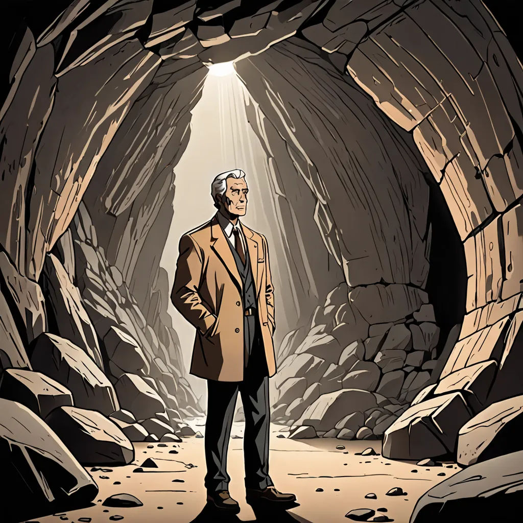a man in a suit standing in a cave with a light shining down on him and a light coming from the cave, underground comix, a character portrait, David Dougal Williams, promotional image