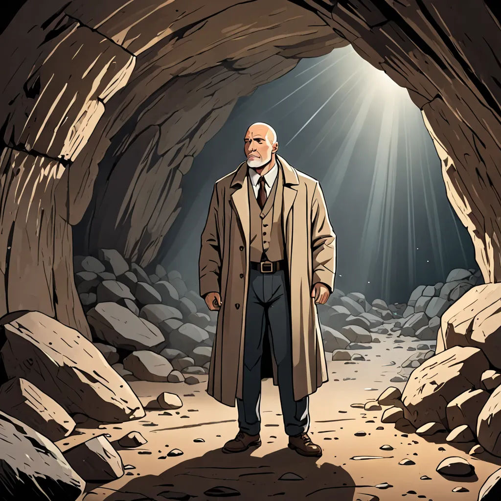 a man in a trench coat standing in a cave with sunlight streaming through the cave door and rocks on the ground, underground comix, a cave painting, Cliff Childs, official art