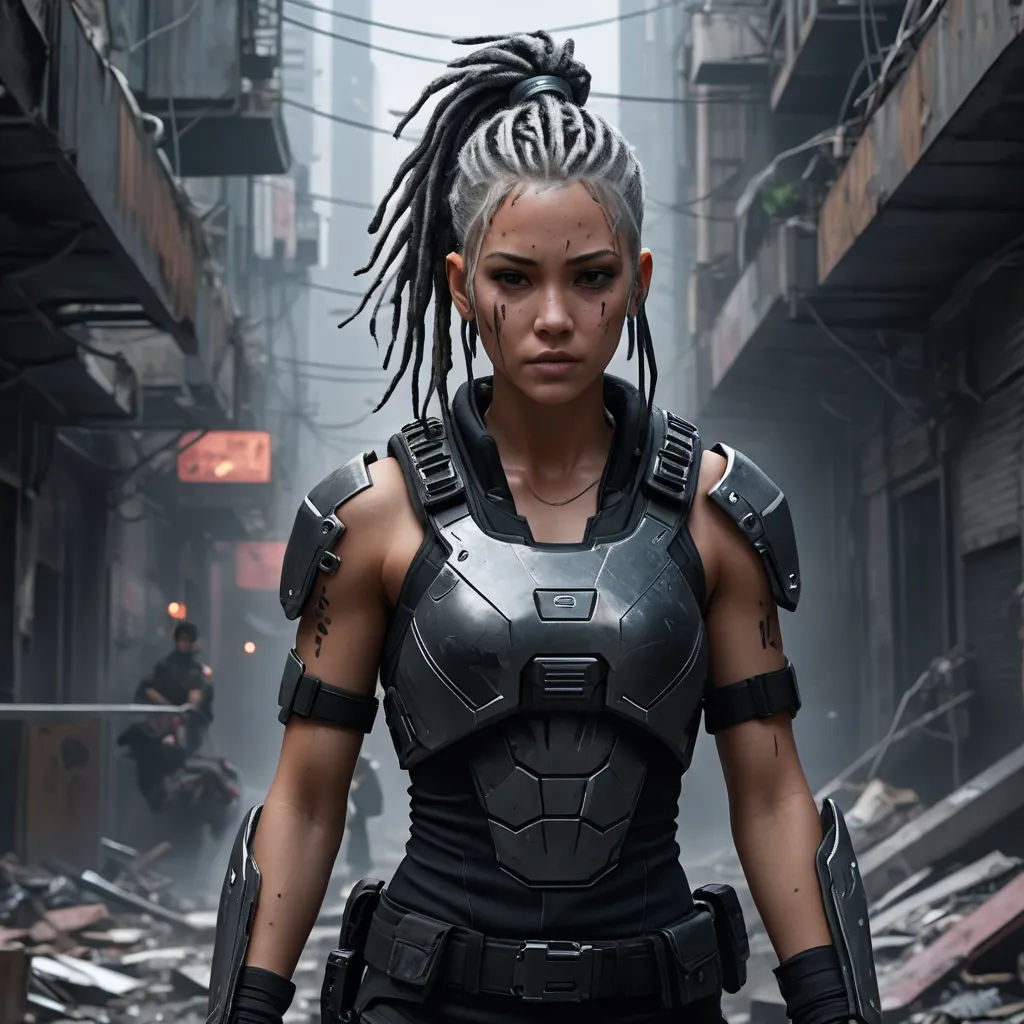 a woman with dreadlocks and a futuristic suit in a city street with buildings and debris in the background, antipodeans, a character portrait, Eizan Kikukawa, biopunk