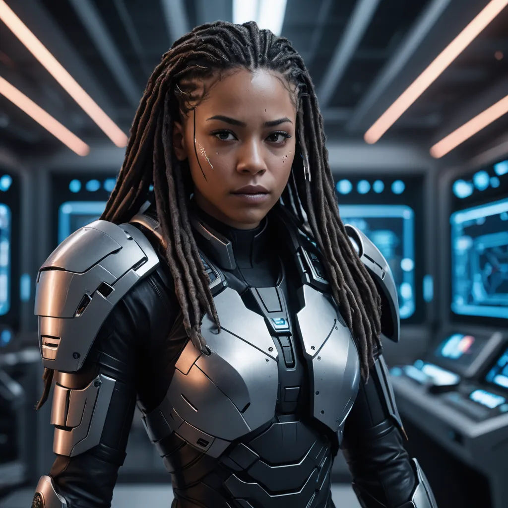 a woman in a sci - fi fi suit standing in a room with a lot of lights on the ceiling, afrofuturism, a character portrait, Daphne Allen, promotional image
