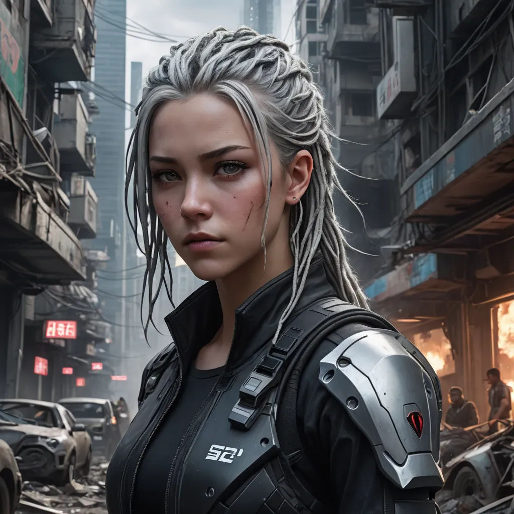 a woman in a futuristic city with a gun in her hand and a gun in her other hand, looking at the camera, neo-figurative, cyberpunk art, Clint Cearley, cgstudio