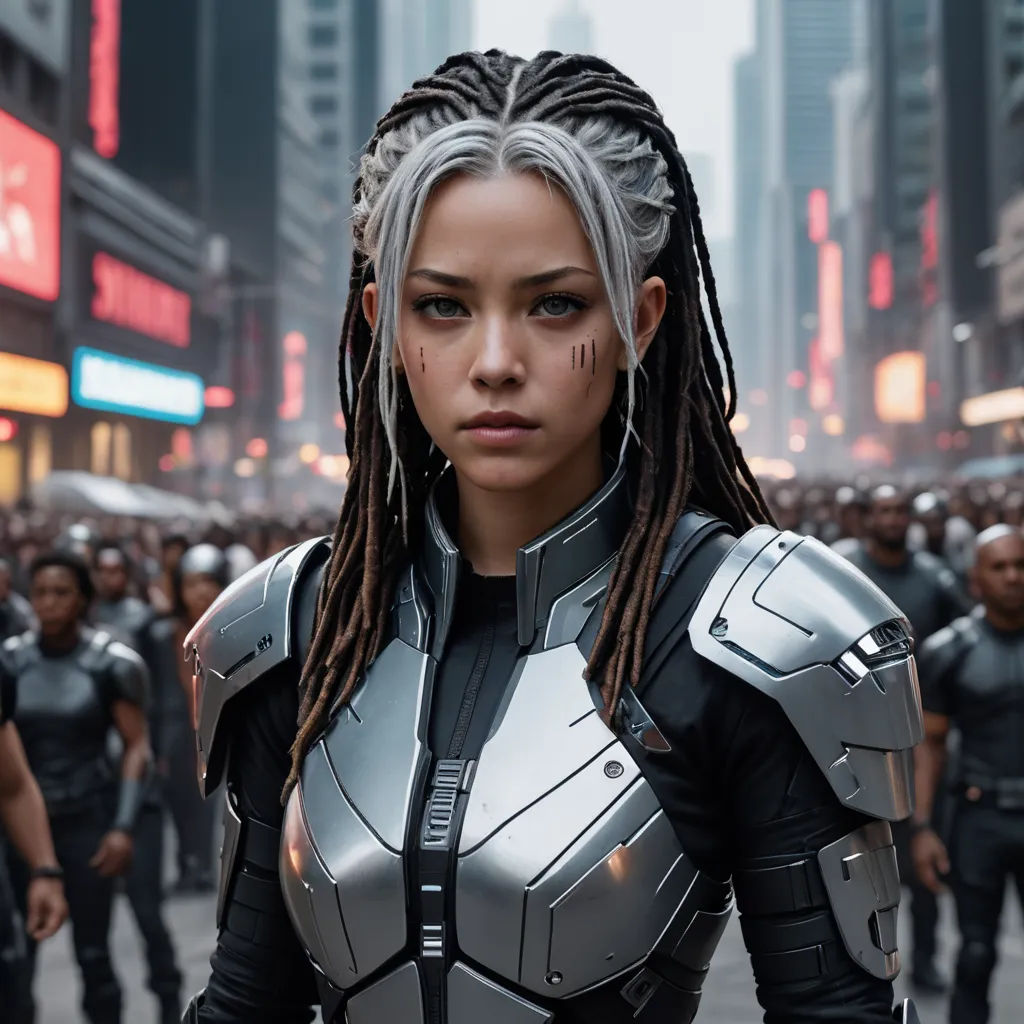 a woman in a futuristic suit with dreadlocks in a city street with a crowd of people in the background, afrofuturism, a character portrait, Dai Jin, biopunk