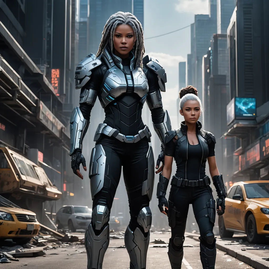 two women in futuristic outfits walking down a city street in front of a yellow taxi cab, with a yellow taxi cab behind them, afrofuturism, a poster, Avgust Černigoj, vfx