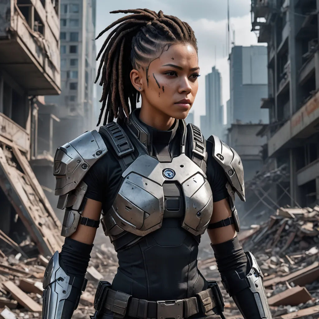 a woman in a sci - fil suit standing in a destroyed city with a gun in her hand, afrofuturism, a character portrait, Aleksi Briclot, promotional image