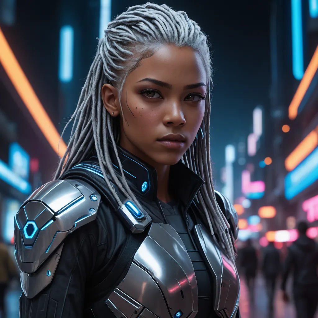 a woman with dreadlocks and a futuristic suit on in a city at night with neon lights and neon signs, afrofuturism, cyberpunk art, Cedric Seaut (Keos Masons), unreal 5 render