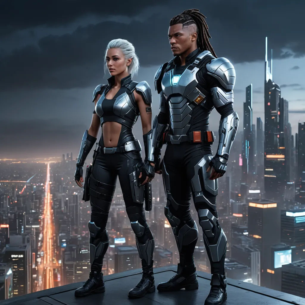 two people standing on a ledge in front of a cityscape at night with lights on and a dark sky, afrofuturism, cyberpunk art, Clint Cearley, unreal 5