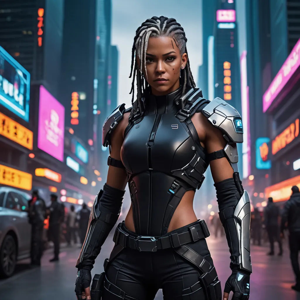 a woman in a futuristic suit standing in the middle of a city street with neon signs and buildings in the background, afrofuturism, cyberpunk art, Daphne Allen, promotional image