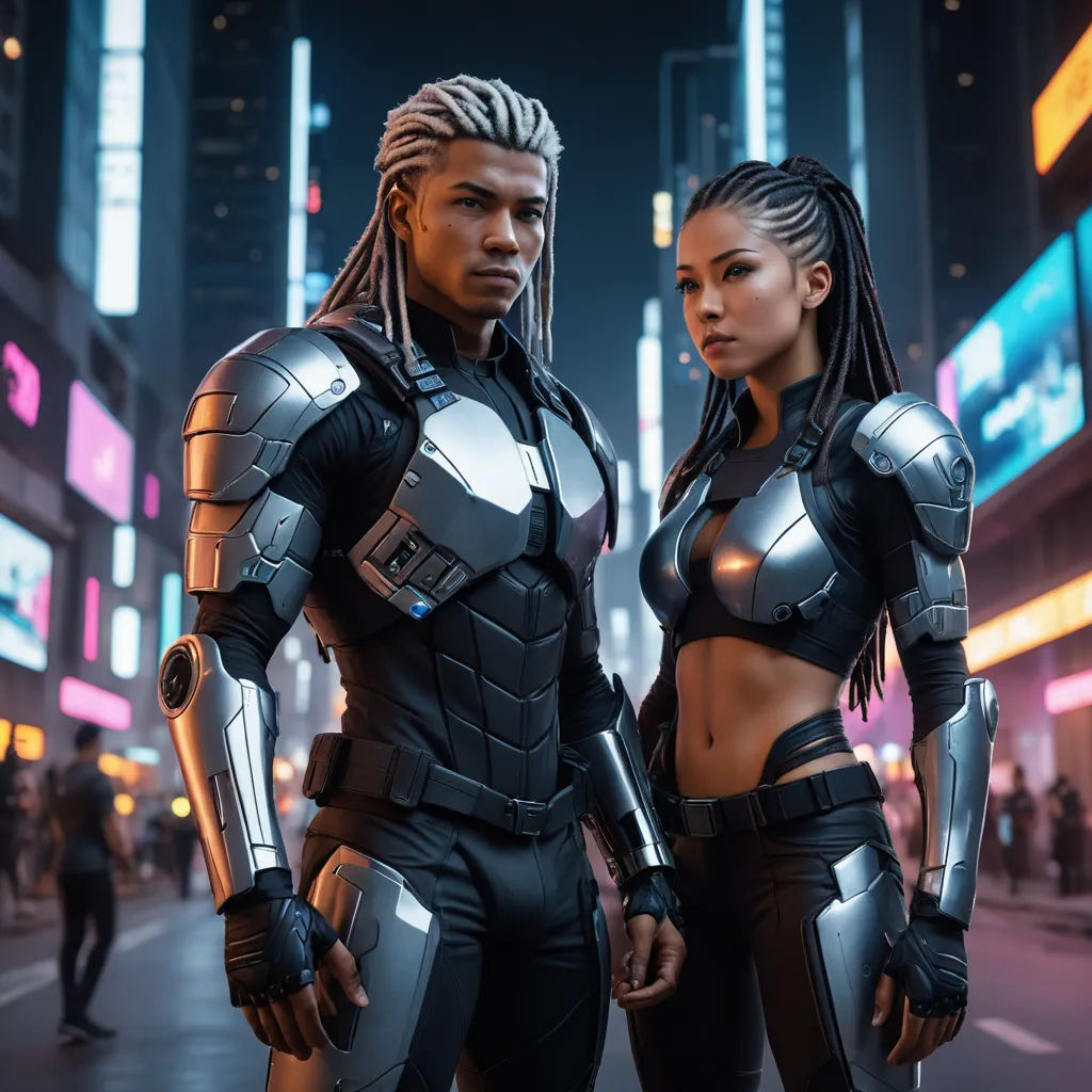 a couple of people standing on a street in a city at night with neon lights and a neon sign, afrofuturism, cyberpunk art, Altichiero, cyberpunk style