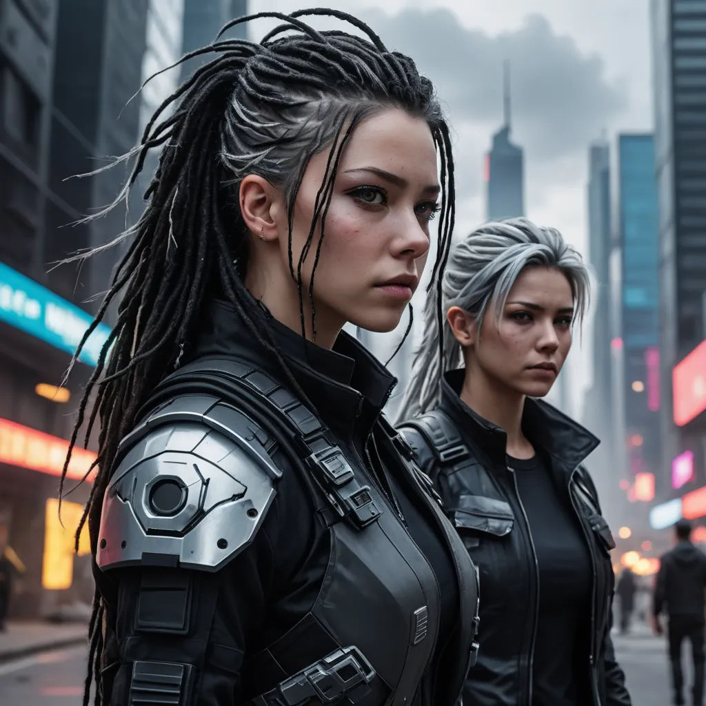 two women in futuristic outfits standing on a city street in the rain, with a city in the background, antipodeans, cyberpunk art, Aya Goda, cosplay