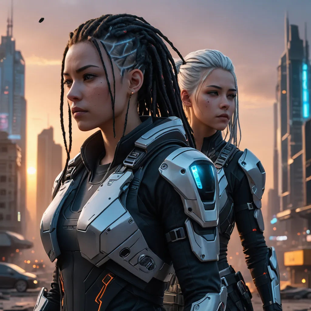 two women in sci - fi fi outfits standing in a city at sunset with a futuristic city in the background, antipodeans, cyberpunk art, Aleksi Briclot, cgstudio