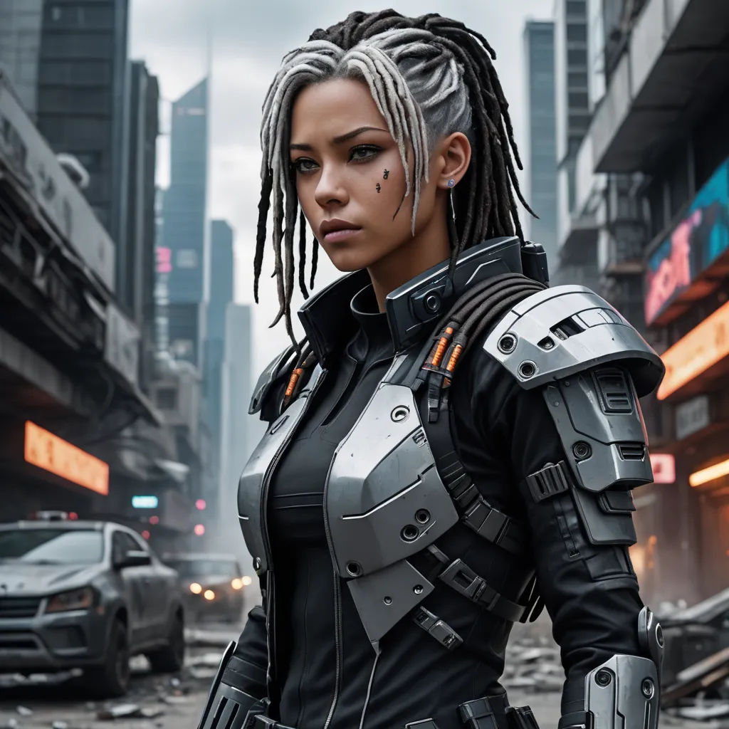 a woman in a futuristic suit standing in a city street with a gun in her hand and a futuristic city in the background, afrofuturism, cyberpunk art, Aleksi Briclot, biopunk
