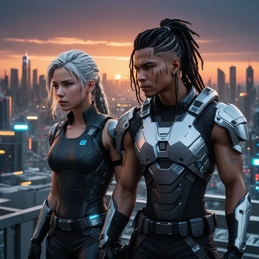 a couple of people standing next to each other in front of a city skyline at sunset with a futuristic suit, afrofuturism, cyberpunk art, Eddie Mendoza, unreal 5