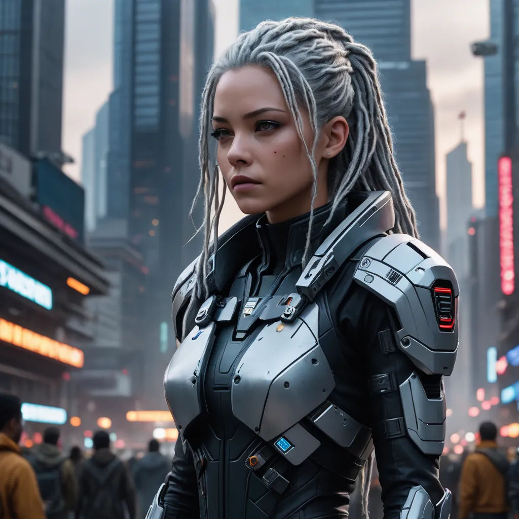 a woman in a futuristic suit standing in a city street with a cityscape in the background and a neon sign in the foreground, neo-figurative, cyberpunk art, Cedric Peyravernay, cgstudio