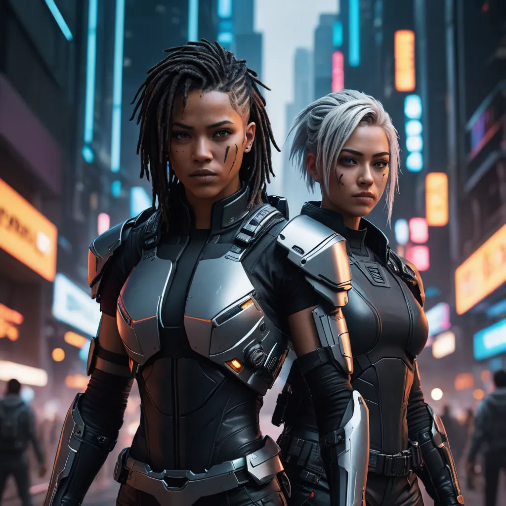 two people in futuristic outfits standing in a city at night with neon lights and neon signs behind them,, afrofuturism, cyberpunk art, Aleksi Briclot, unreal 5
