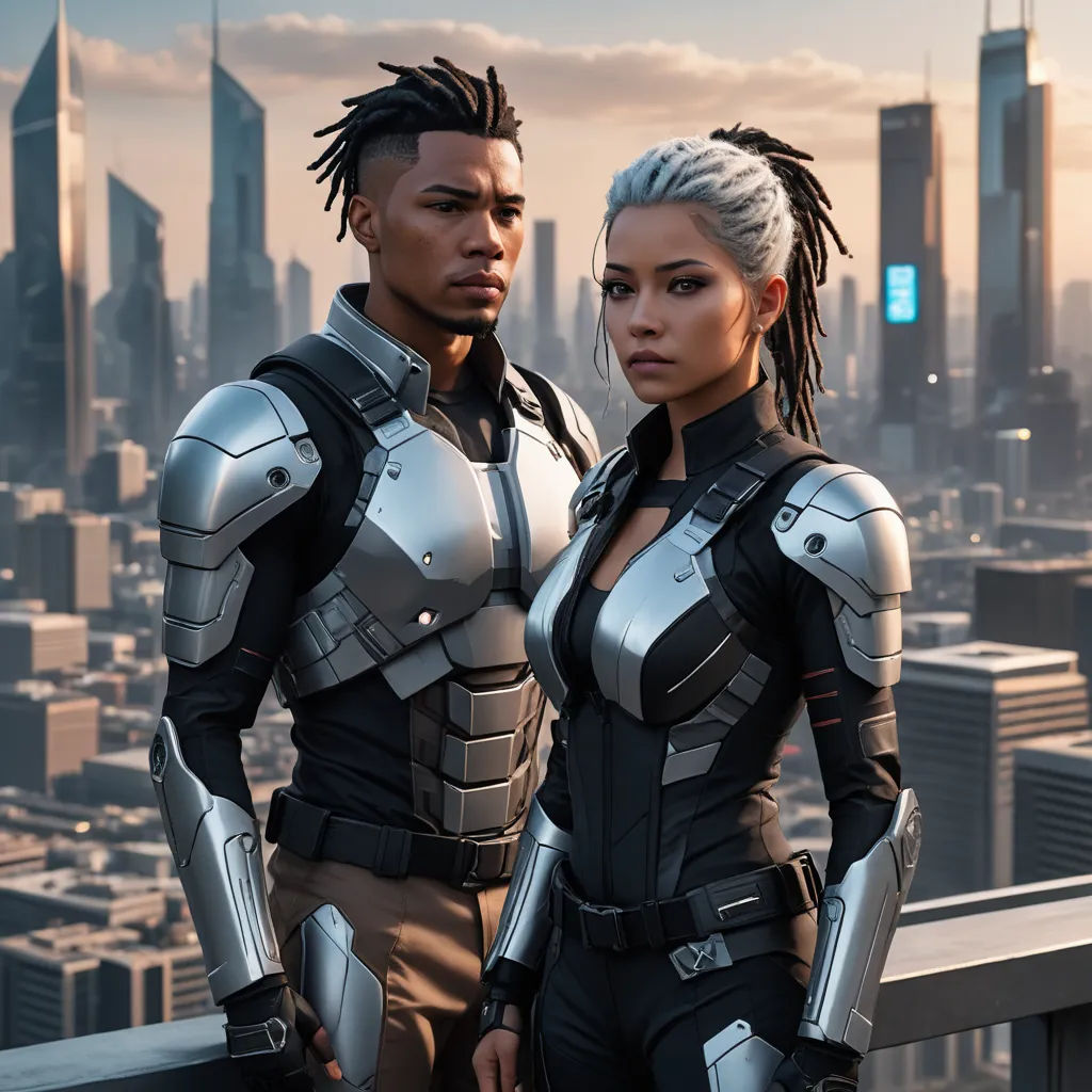 a couple of people standing next to each other in front of a cityscape with skyscrapers in the background, afrofuturism, cyberpunk art, Everett Warner, promotional image