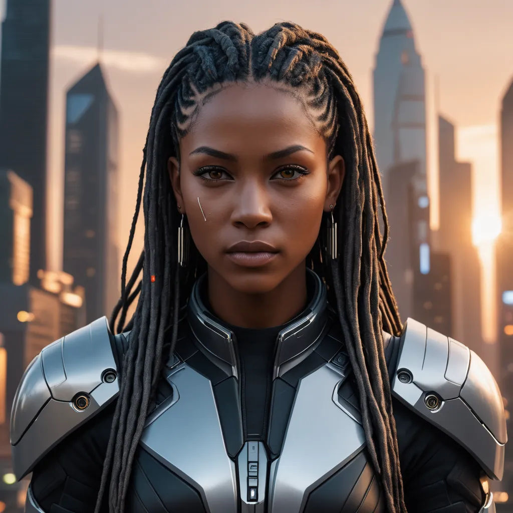 a woman with dreadlocks in a futuristic city setting with skyscrapers in the background, wearing a futuristic suit, afrofuturism, cyberpunk art, Chinwe Chukwuogo-Roy, unreal render