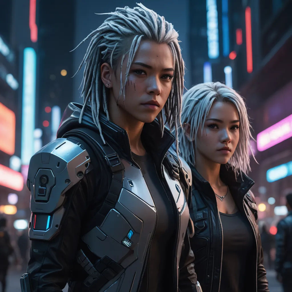 two women in cyber outfits standing in a city at night with neon lights behind them and a neon city in the background, neo-figurative, cyberpunk art, Dai Jin, unreal 5