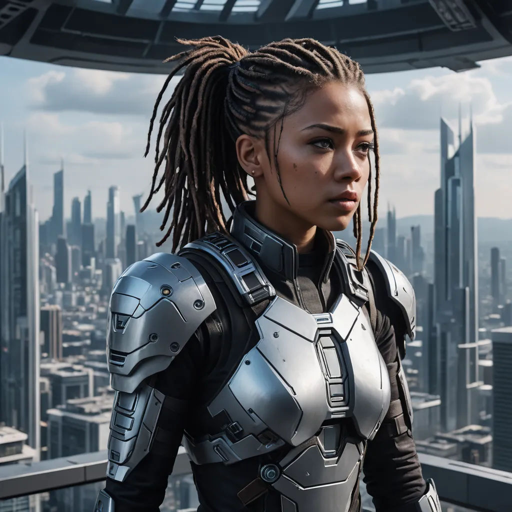 a woman in a futuristic suit standing in front of a cityscape with skyscrapers in the background, afrofuturism, a character portrait, Aleksi Briclot, promotional image