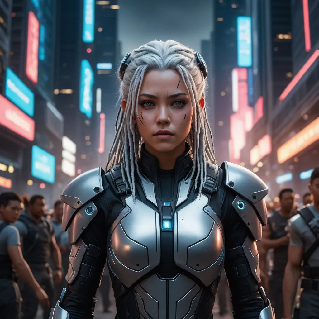 a woman in a futuristic suit standing in a city at night with other people in the background and a neon cityscape, antipodeans, cyberpunk art, Aleksi Briclot, cinematic photography